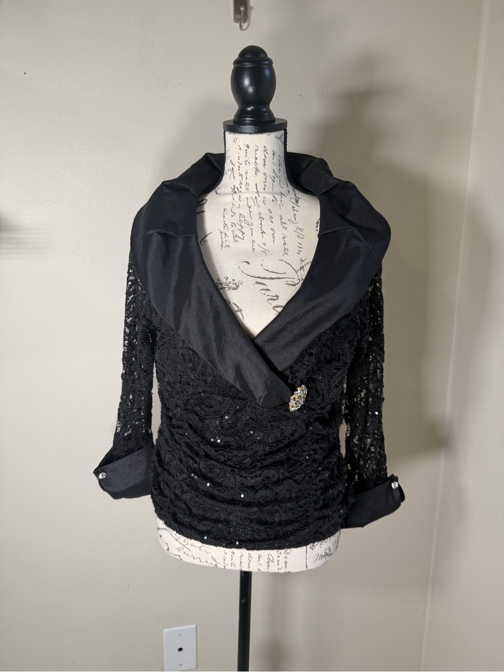 Ronni Nicole Black Lace Ruched Blouse with Satin Collar and Brooch